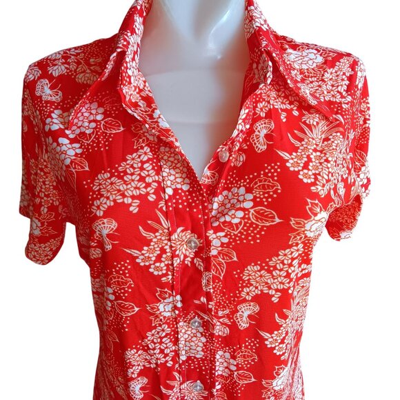Medium True Vintage Boho Top Red White Floral Blouse 1970's Hovland Swanson USA - Picture 1 of 7